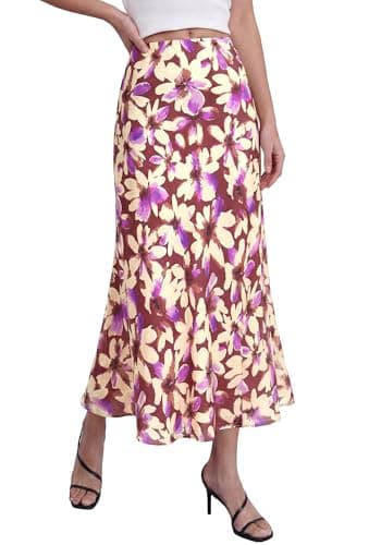 BTFBM Satin Skirts for Women 2025 Fall High Waisted A-Line Leopard Print Cocktail Wedding Long Silk Summer Midi Skirt(Floral Brown Beige, Small) - Image 1