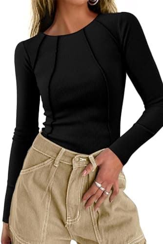 KIRUNDO Ribbed Long Sleeve Tops for Women Stretch Slim Basic Crop Tee Exposed Seams 2026 Spring Fall Fashion Trendy Tshirt(Black, Large) - Image 1