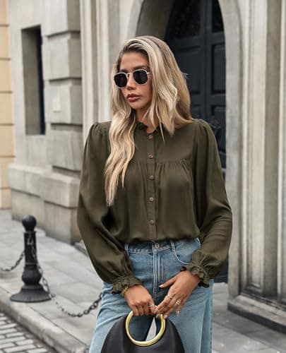 LOOKBOHO Button Down Shirts for Women Dressy Casual Blouses Long Puff Sleeve Shirts Elegant Pleated Tunic Tops Army Green - Thumbnail 6
