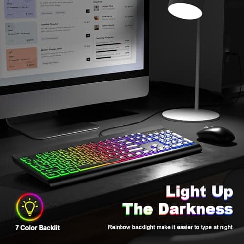 Atelus Large Print Backlit Keyboard, USB Wired Computer Keyboard, Full Size Keyboard with Rainbow Illuminated LED Compatible for Windows Desktop, Laptop, PC, Gaming, Black - Thumbnail 3