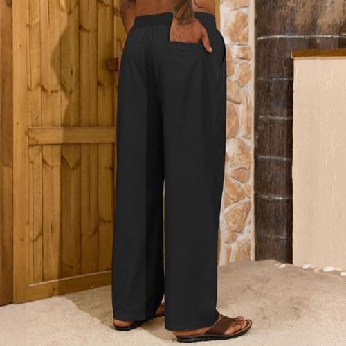 ZAFUL Men's Linen Casual Pants - Elastic Waist Drawstring Lightweight with Pockets for Summer Beach A-Black - Thumbnail 3