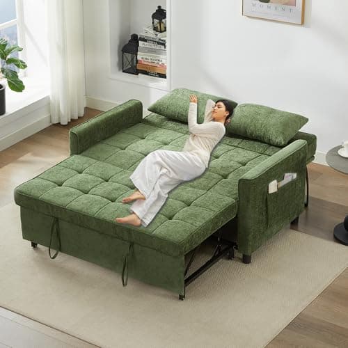 Tbfit 57" Loveseat Sleeper Convertible Sofa Bed, Futon Couch with Pullout Bed, USB & Adjustable Backrest, Chenille Full Size Pull Out Couches for Living Room, Apartment, Office, Dorm, RV, Green - Thumbnail 6