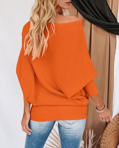 Zenlonr Women's Fall Sweaters 2026 Casual Long Batwing Sleeve Loose Off Shoulder Knit Pullovers Jumper Tops(Bright Orange,Small) - Thumbnail 5