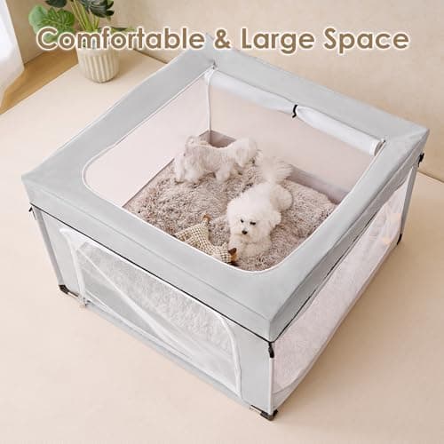 EHEYCIGA 42x42x26 Inches Puppy Playpen with Top Cover for Dogs & Cats Indoor or Outdoor - Dog Playpen with Door, Dog Fence for Small Animal with Heavy-Duty Oxford & Steel Frame, Sliver Grey - Thumbnail 6