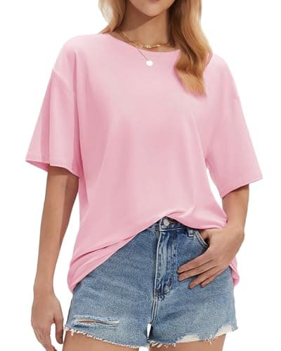 Stelle Women Crew Neck Short Sleeve T Shirts Oversized Summer Tops Loose Fit Soft Basic Tee Shirt Pink Small - Image 1