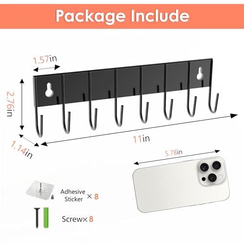 sawgos Magnetic Key Holder with 8 Hooks for Fridge Key Hanger Organizer for Wall Mount with 8 Self-Adhesive Sticker No Drilling Required Metal Key Rack for Door, Bathroom, Kitchen,Garage (4, Black) - Thumbnail 3