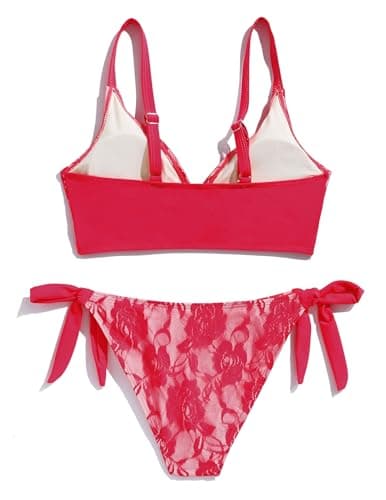seamoly 2 Pieces Lace Bikini V-Neck Swimsuits for Women Tie Side Bikini Set Crimson Red S - Thumbnail 4