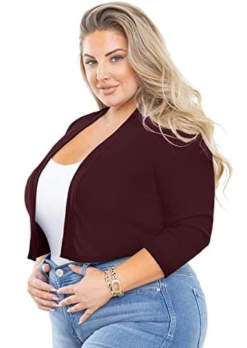AusLook Bolero Plus Size 3/4 Sleeve Christmas Cardigan for Women Burgundy 3X Lightweight Tops Open Front Knit Cropped Bolero Shrug Sweater Coat for Summer Evening dresses - Image 1
