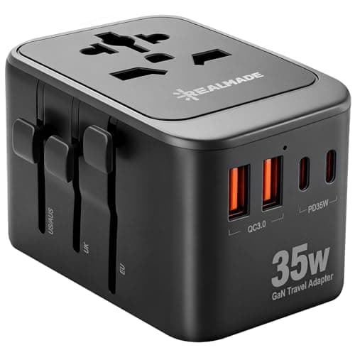 Realmade 35W Universal Travel Adapter with PD Fast Charging, 5-Port (1 AC/2 USB-A/2 USB-C) European Travel Plug Adapter, Type C/G/I/A, Black Gray - Image 1