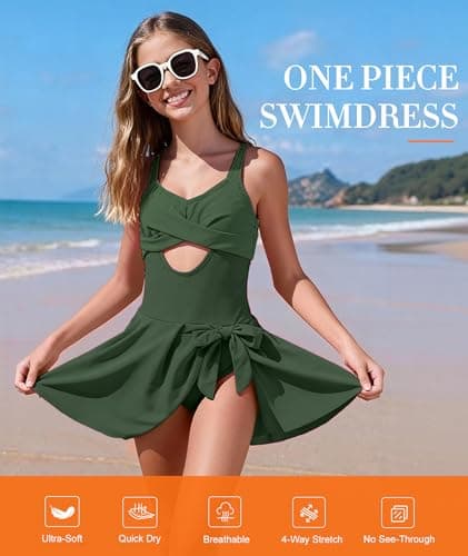 MFAVIP Girls One Piece Swimsuits Teen Swimsuits for Girls 14-16 Green V Neck Ruffle Strap for Beach - Thumbnail 4
