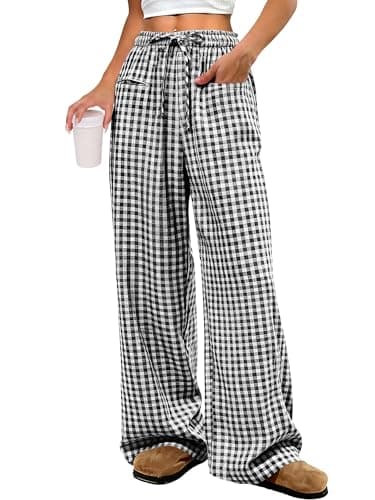 ANRABESS Womens Striped Gingham Pants 2026 Pajama Drawstring Wide Leg Lounge Plaid Pants Cute Casual Trousers with Pockets Black White Plaid Small - Image 1