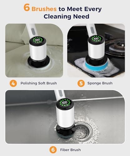 Lichffy Electric Spin Scrubber, Cordless Cleaning Brush with 7 Replaceable Brush Heads, 2-Speed Adjustable Handle Shower Scrubber, IPX7 Waterproof for Bathroom, Tub, Tile & Floor, Teens, White-qb1... - Thumbnail 5