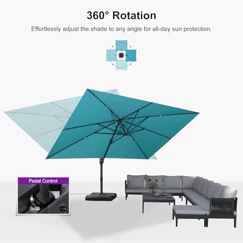 PURPLE LEAF 10' × 13' Patio Cantilever Umbrella Outdoor Rectangle Adjustable Offset Umbrellas with 360-degree Rotation and 8 Heavy Duty Metal Ribs for Garden Deck Pool Turquoise Blue - Thumbnail 5