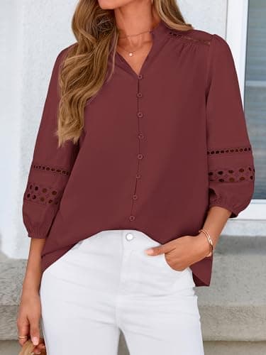 BTFBM Summer Tops for Women 2026 Eyelet Top 3/4 Length Sleeve Dressy Casual Blouses Spring Boho Button Down Shirts(Jujube Red, Large) - Thumbnail 4