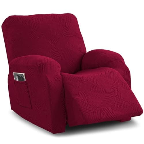 Cushonix Oversized Recliner Chair Covers,4-Piece Stretch Geometric Strokes Jacquard Reclining Chair Slipcovers,Furniture Protector with Side Pocket,Soft Breathable Couch Cover,Wine Red - Image 1