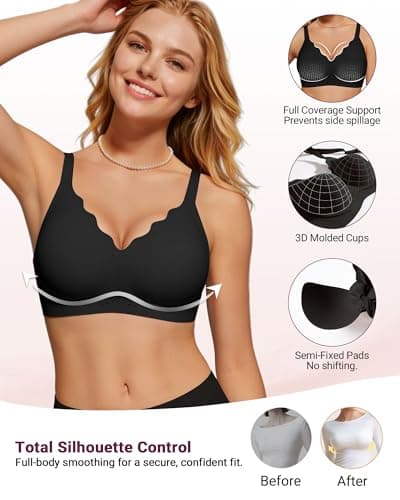 As Fairy Wireless Bras for Women No Underwire Full Coverage Jelly Lift Strong Support Push Up Scalloped Everyday Tshirt Bra Seamless Soft Daily Wear Breathable Air Hole Design(Black 42C) - Thumbnail 3