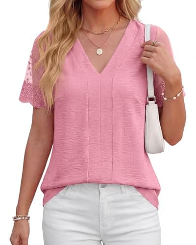 Zenlonr Women Tops Summer 2026 Short Sleeve Shirts Spring Vacation Fashion Dressy Casual Business V Neck Blouses(Pink,Medium) - Thumbnail 4
