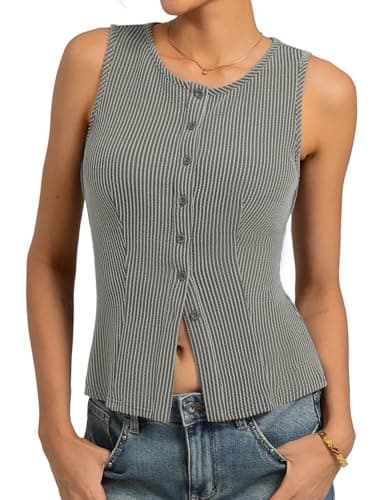 Kate Kasin Womens Grey Button Up Tank Tops Trendy 2026, Summer Ribbed Sweater Vest, Sleeveless Going Out Outfits S - Image 1