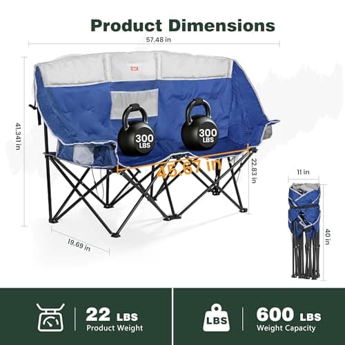 SUNNYFEEL Heated Double Camping Chair, Oversized Folding Loveseat Chair, Heavy Duty Portable/Foldable Lawn Chair for Beach/Outdoor/Travel/Picnic, Fold Up Camp Chairs for Adults 2 People - Thumbnail 3