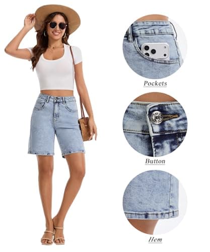 VIPONES Bermuda Jorts for Women High Waisted Denim Shorts Pocket Long Stretch Baggy Jean Shorts Relaxed Fit Blue Summer Shorts for Women 2026(5812, M) - Thumbnail 4