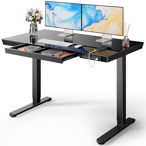 Marsail Glass Standing Desk with Drawer, 48 x 24 inch Electric Standing Desk, Height Adjustable Desk with One-Piece Tabletop & USB Charging Ports, Sit Stand Desk with Storage for Home & Office Black - Image 1