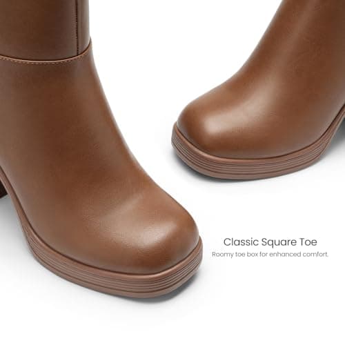 Athlefit Women's Platform Ankle Boots High Chunky Block Heel Boots Square Toe Fashion Dress Heeled Booties Caramel Size 6 - Thumbnail 5