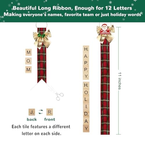 Christmas Ornaments Tree Decorations Personalized Crafts for Adults Kit DIY Ribbon Letter Tiles Bells Rustic Stockings Name Tags Hanging Xmas Decor for Gifts Wreath Holiday(Tartan) - Thumbnail 3