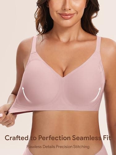 Angelhood Bra for Women No Underwire Seamless Full Coverage Bralettes Lace Edge Ultra Comfort Support T-Shirt Bra Push Up Pink - Thumbnail 4