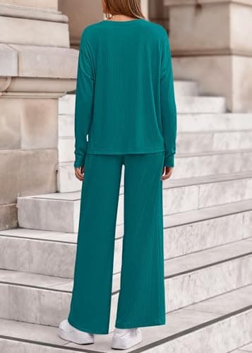 KIRUNDO Spring 2 Piece Lounge Sets for Women Long Sleeve Ribbed Knit Tops Wide Leg Pants Matching Travel Outfits Postpartum(Lake Blue, Small) - Thumbnail 2
