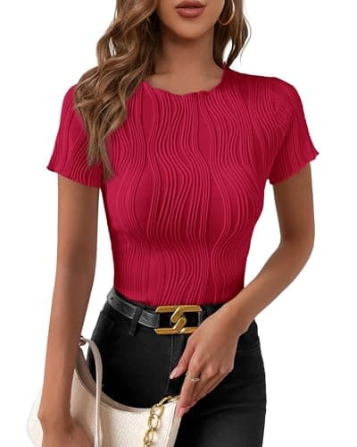 PRETTYGARDEN Women's Summer Tops 2026 Casual Short Sleeve Crewneck Slim Fit T Shirts Basic Knit Y2K Top Textured Blouse(Wine Red,Large)