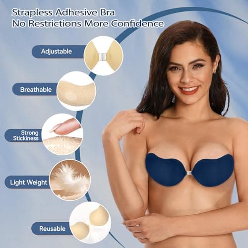 Strapless Sticky Bra Invisible Adhesive Bras with Front Clasp Silicone Stick on Ladies Push Up Seamless Reusable (US, Cup Band, B, Beige + Navy) - Thumbnail 5