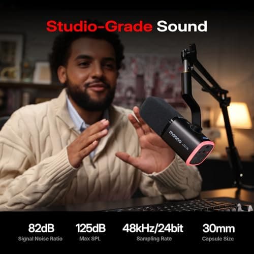 MAONO PD100W Wireless USB Dynamic Microphone, Gaming PC Mic with One-Click Noise Reduction,Mute Button,Custom RGB,3.5mm Headphone Jack,Software,Podcast Streaming Mic (Boom Arm(USB-C Receiver), Black) - Thumbnail 4