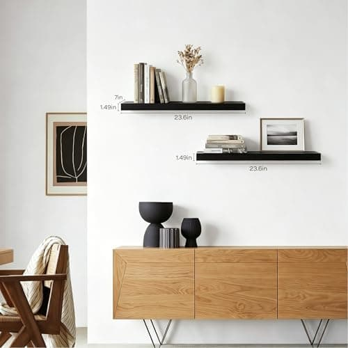 Modcraft Floating Shelves for Wall 24 Inch (Set of 2), 7.1" Deep Wide Wall Mounted Shelf for Bathroom Organizer Over Toilet, Modern Wood Storage Shelving for Bedroom Kitchen Living Room, Black - Thumbnail 2
