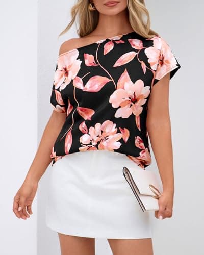 Zenlonr Womens Off The Shoulder Tops 2026 Summer Casual Short Sleeve T Shirts Boho Floral Blouse Trendy Going Out Tops(Black Pink Flower,XX-Large) - Thumbnail 6