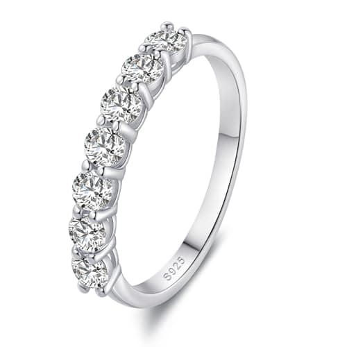 HYLYLEED Moissanite Wedding Rings for Women 7 Stones Eternity Bands for Women Sterling Silver Ring Anniversary Band 18K White Gold Plated, 0.7CT Size 8 - Image 1