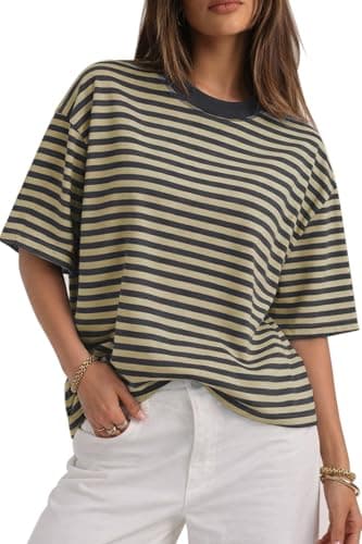 CHYRII Womens Oversized Striped T Shirts Crewneck Short Sleeve Casual Summer Loose Fit Y2K Tops (Dark Grey+Beige M) - Image 1