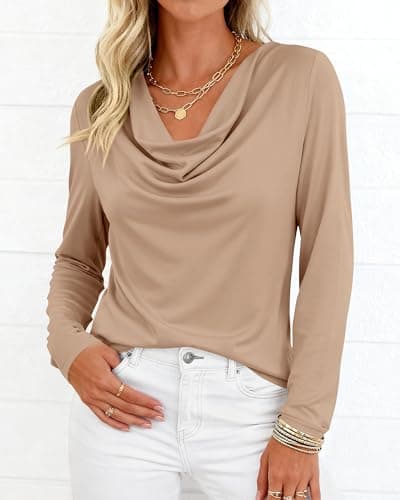 PRETTYGARDEN Womens Spring Tops 2026 Dressy Cowl Neck Long Sleeve Shirts Loose Business Casual Blouses Teacher Tunic Top(Khaki,X-Large) - Thumbnail 4