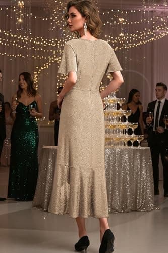 Autumn Flowerwall Women Wedding Guest Dress Sparkle Cocktail Gown Champagne Medium Lustrous Knit V Neck Flutter Sleeve A-Line Semi Formal Dresses for Women Anniversary Dinner Outfit - Thumbnail 3