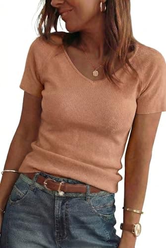 Arach&Cloz Women's 2026 Wool Blend Spring Summer Tops V Neck Short Sleeve Sweater Shirts Pullover Lightweight Soft Cozy Slim Fit Cashmere Stretchy Business Casual Outfits Work Tops Trendy Camel L - Image 1