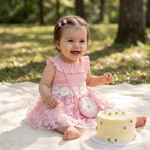 Infant Toddler Girl Summer Dress Boho Butterfly Floral Tulle Tutu Dress Set with Matching Bag & Bow, Sleeveless Ruffle Sun Dress for Beach & Photos Pink 9-12Months - Thumbnail 4