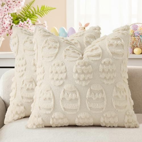 decorUhome Easter Beige Egg Pillow Covers 16x16 Inch Set of 2, Soft Plush Faux Wool Jacquard Cushion Covers, Farmhouse Neutral Fuzzy Spring Easter Holiday Decor for Couch Sofa Bed - Image 1