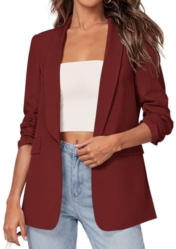PRETTYGARDEN Women's 2026 Spring Blazers Business Casual Outfits Open Front Ruched 3/4 Sleeve Lightweight Work Suits Jackets (Burgundy,Large) - Image 1