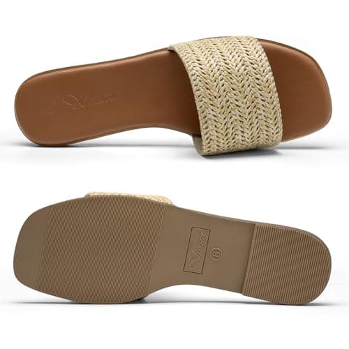 Athlefit Raffia Flat Sandals for Women Dressy Square Open Toe Comfortable Slip On Beach Casual Slide Sandals Apricot Size 5.5 - Thumbnail 5