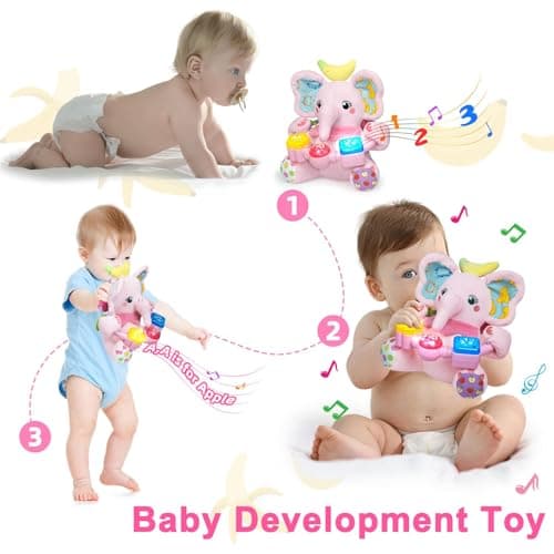 Holaxander Baby Elephant Musical Stuffed Animals Toy with Light-Up Music & Crinkle Sound Paper,Infant Bilingual Early Learning Education Toys,Tummy Time Toys for 0-3-6-12+ Months Boy Girl, Pink - Thumbnail 2