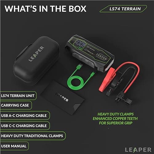 Leaper 12V Jump Starter, Black, 1500A Peak Current, 16000mAh Capacity, 2.3'' Digital Screen, Heavy Duty Black/red Clamps Protection Carrying Case Included - Thumbnail 5
