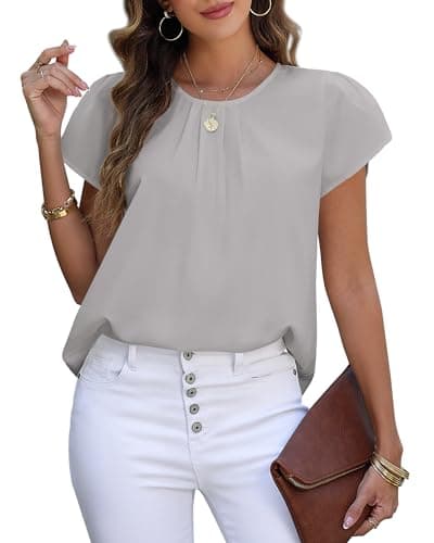 PRETTYGARDEN Women's Tops 2026 Casual Summer Round Neck Short Sleeve Basic Pleated Loose Fit Blouses Plain Tunic Shirts(Grey,Medium) - Thumbnail 4