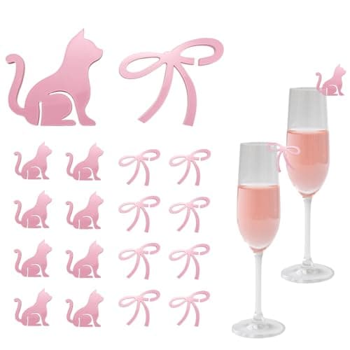 20 Pcs Bow Wine Glass Markers Cat Drink Charms, Pink Bowknot Drink Tag, Coquette Birthday Wedding Bachelorette Tasting Party Decoration - Image 1