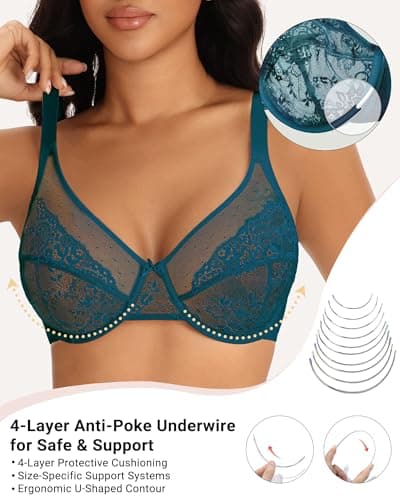 As Fairy Minimizer Bras for Women Full Coverage Unlined Lace Bra Plus Size Supportive Underwire Bras(Balsam Blue 36DDD) - Thumbnail 4
