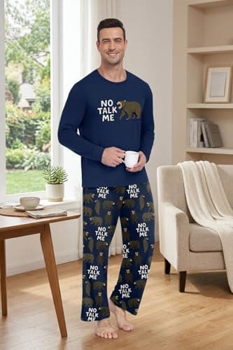 PrinStory No Talk Me Bear Pajamas For Men - Funny Introvert Graphic Sleepwear Cozy Loungewear Set Introvert Pajamas Funny Gift For Men XL - Thumbnail 5