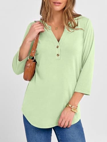 ANRABESS Women 3/4 Length Sleeve Henley Tops V Neck Business Casual Work T Shirts Cute Travel Shirt 2026 Spring Trendy Outfit Light Green Small - Thumbnail 3